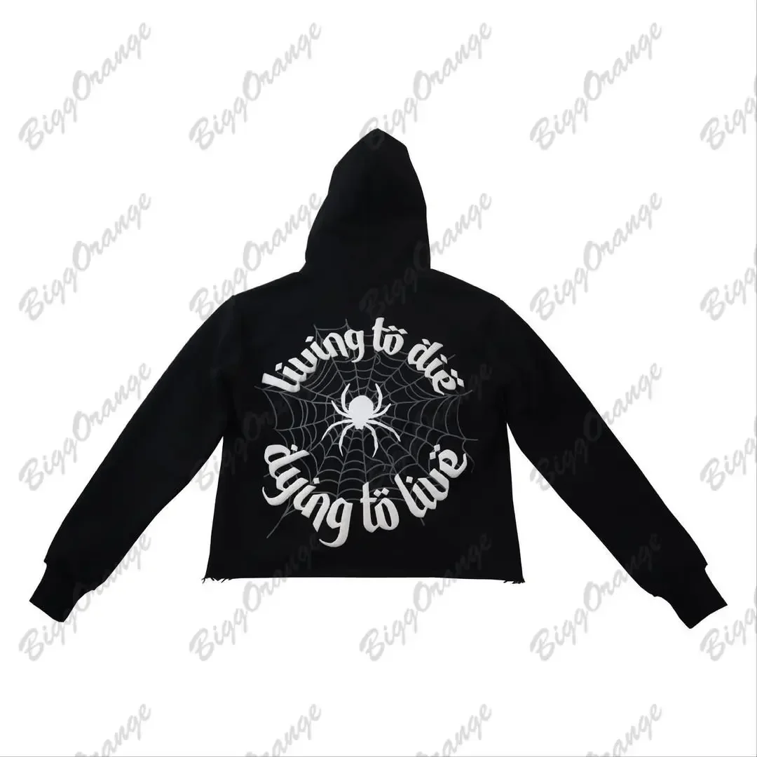 Y2K Hoodie pasangan hitam musim semi dan musim gugur, Hoodie hitam santai Super Dalian dengan pola laba-laba di belakang, Hoodie pasangan, pakaian jalanan pria