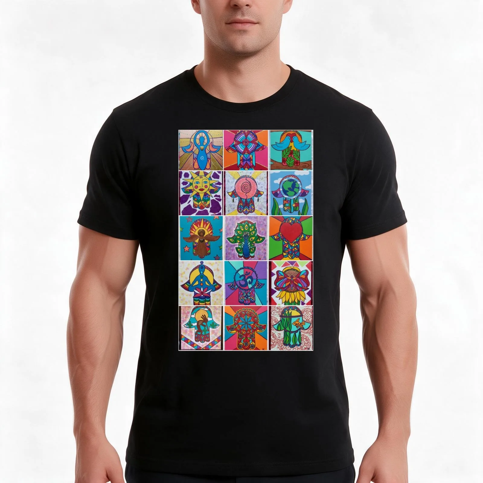 Assorted Hamsa #1 by Harriette Knight T-Shirt, Summer Casual Cotton Tee, Oversized Streetwear Tops, Vintage Graphic Print