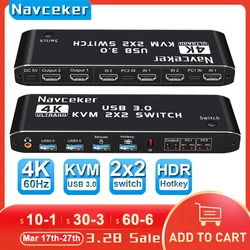 Navceker HDMI-compatible KVM Switch 4K 60Hz 2 Port Dual Monitor USB 3.0 KVM Switch 1080P USB KVM Switcher HDMI with USB 3.0 port