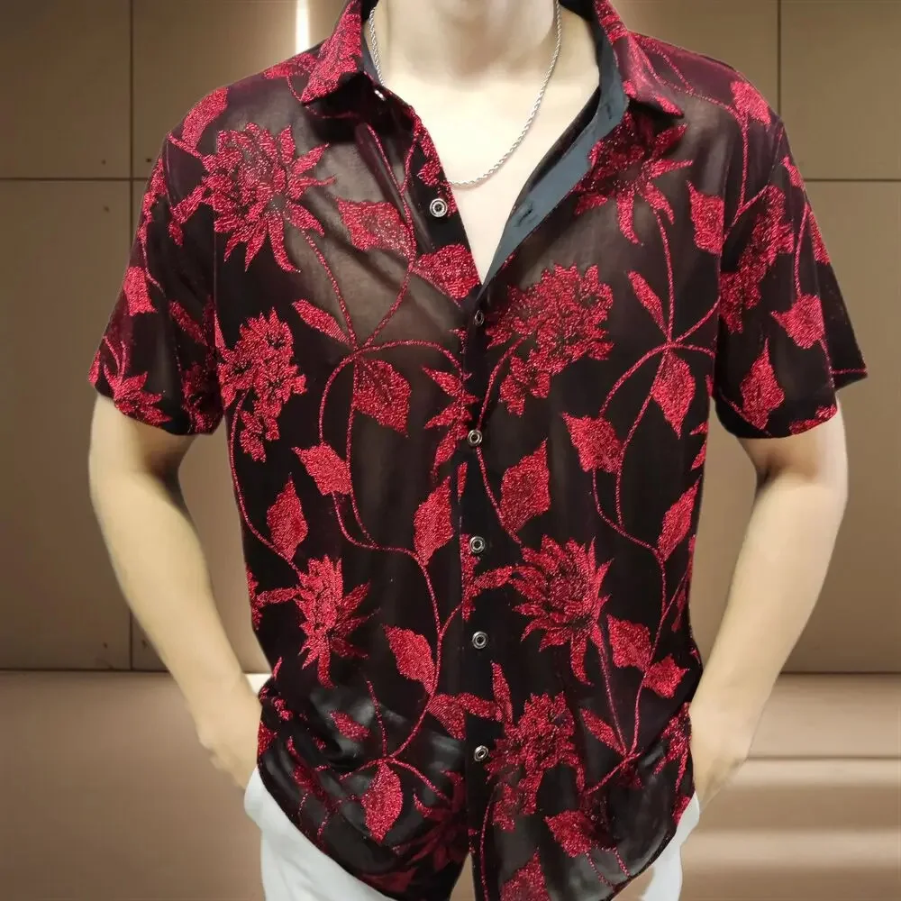 Luxury Silk Lelvet Men Short Sleeve Shirt 2024 New Brand Floral See Through Sexy Lace Chemise Homme 98kg