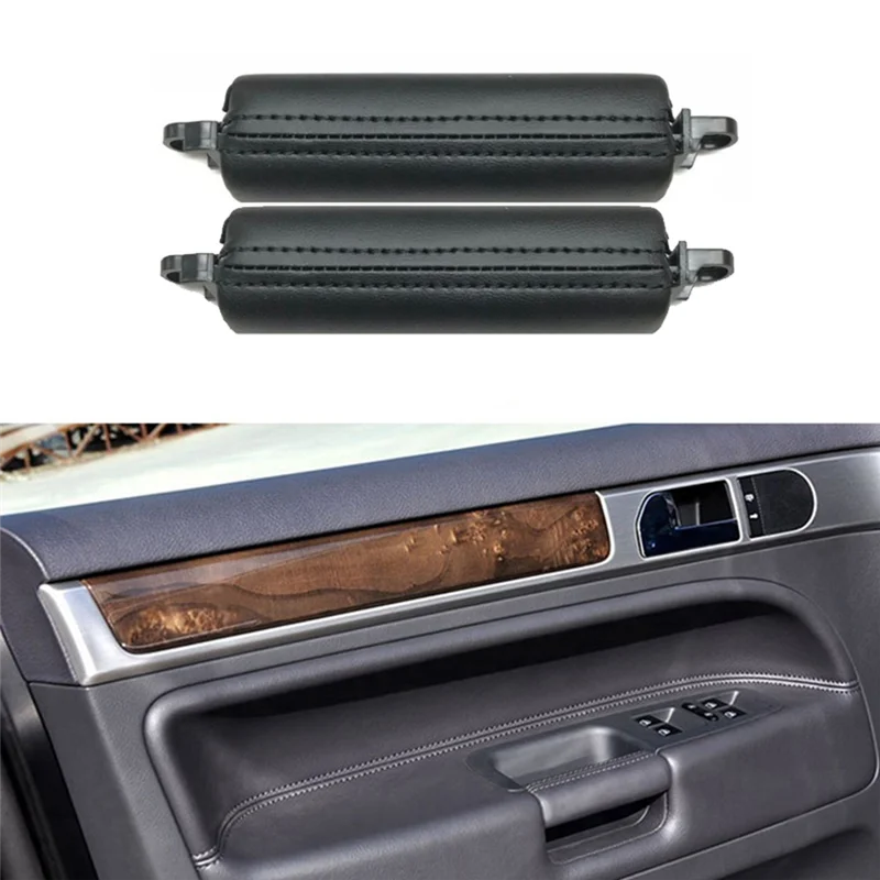 2PCS Car Front Door Handle Pull Trim PU Leather 7L6867161 for VW Touareg 2003-2010 Side Door Handle Inner LHD RHD Black