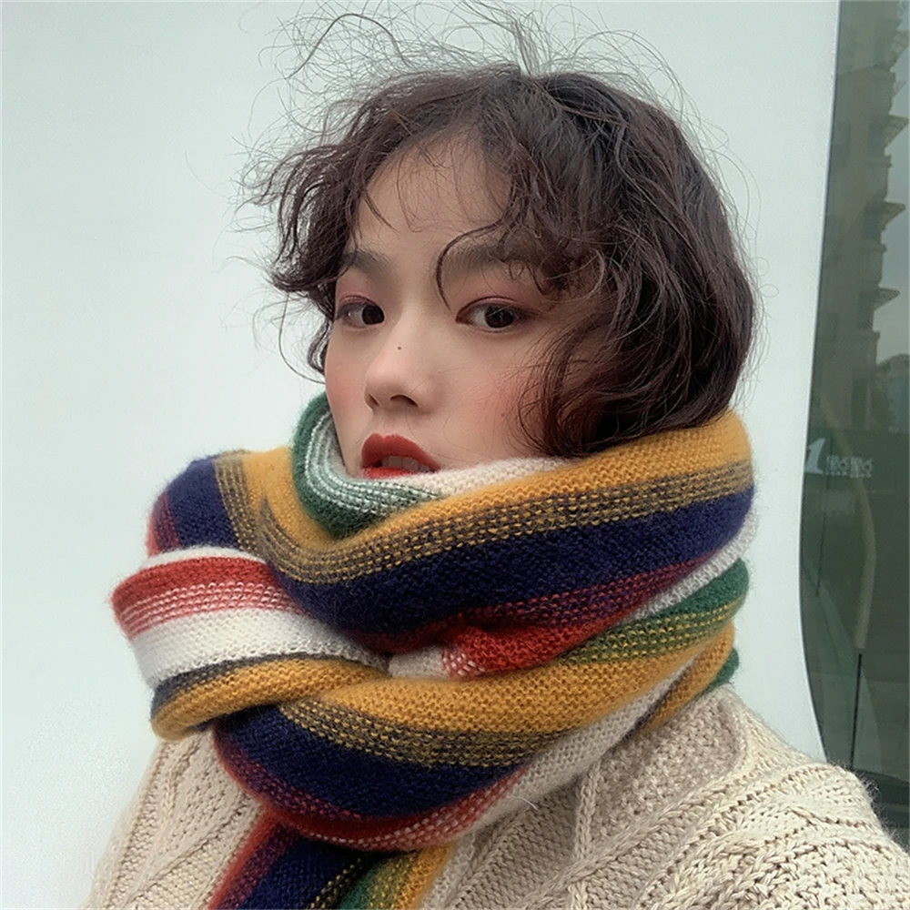 Rainbow Knit Scarf for Women Winter Thick Cashmere Stripe Shawl and Wrap Fashion Warm Streetwear Girl\'s Foulard Wool Scarves