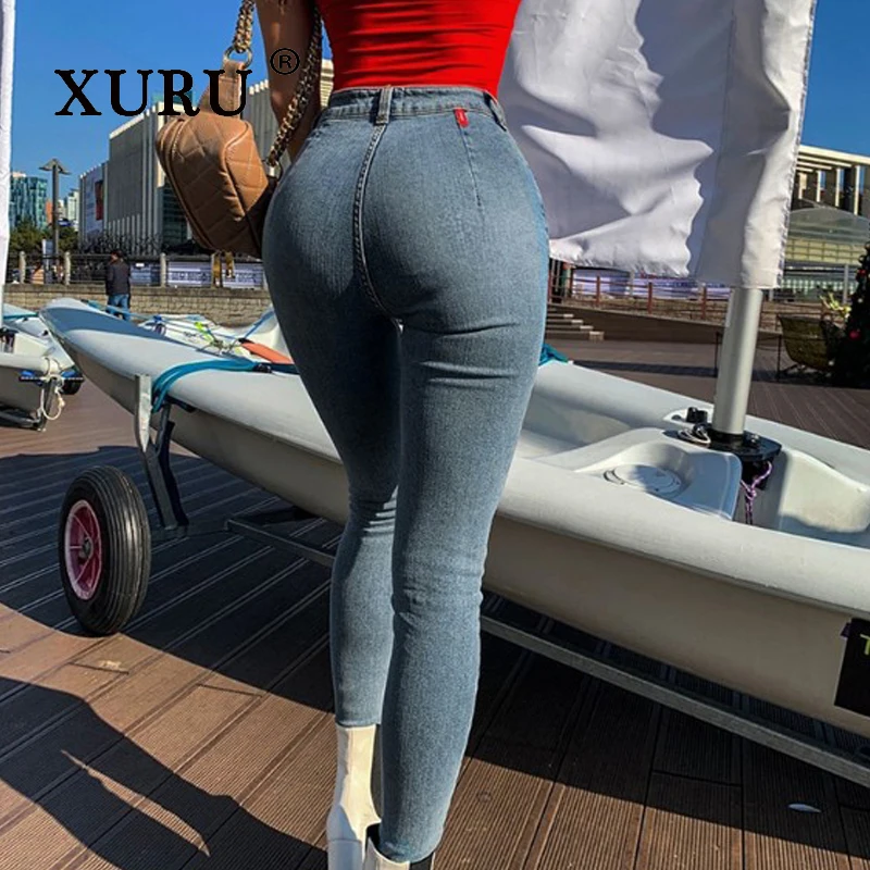 

XURU — новые женские эластичные облегающие джинсы с высокой талией и маленькими штанинами, одежда Y2k Street Trendsetters, светло-голубые длинные джинсы