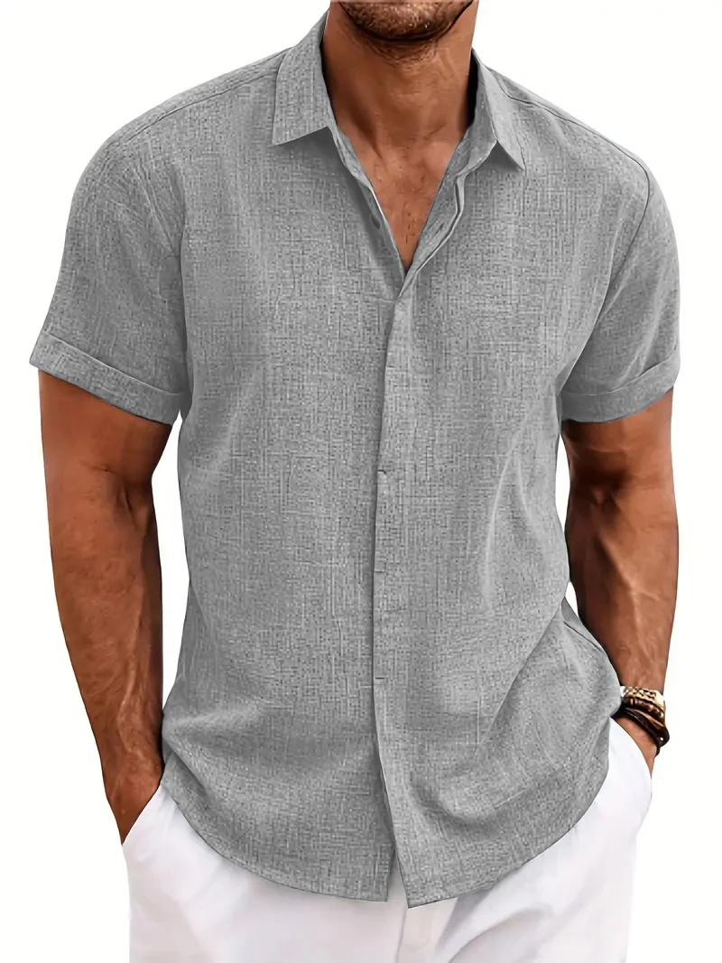 2024 nova camisa de manga curta masculina de verão cor sólida lapela escondida fivela casual praia moda high street topo