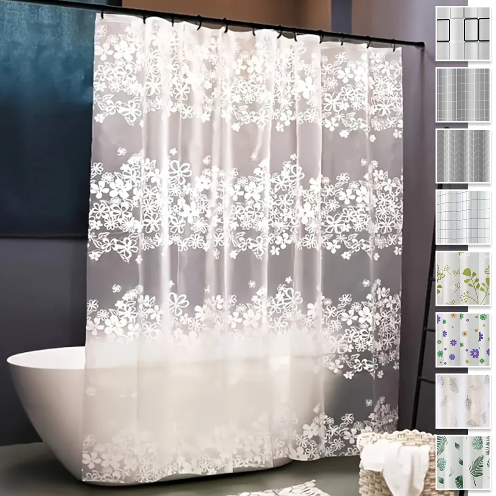 Translucent White Floral Shower Curtain Waterproof Mildew Proof PEVA Material Dry and Wet Separation Partition Curtain with Hook