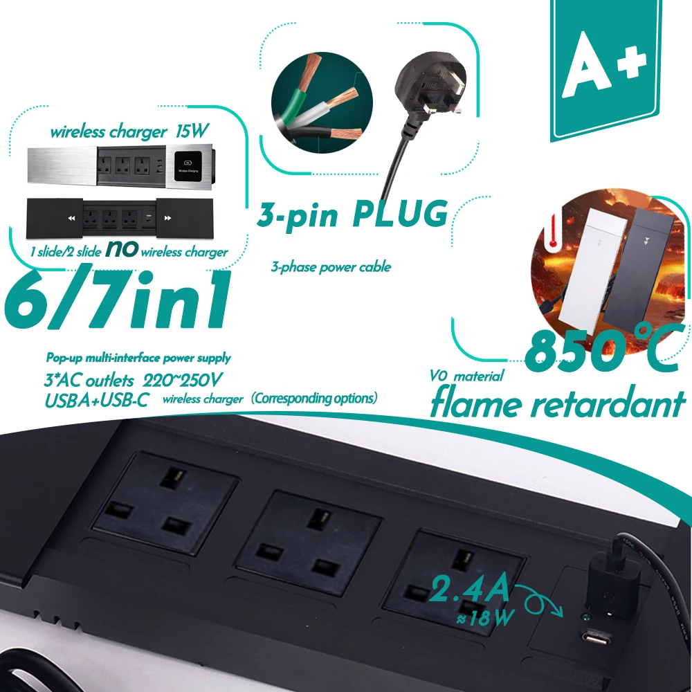 FUNAYA UK Slide Cover Built-in Table Socket with USB Type-c Recessed Desktop Electrical Socket SG MY Type-G Wireless Charger