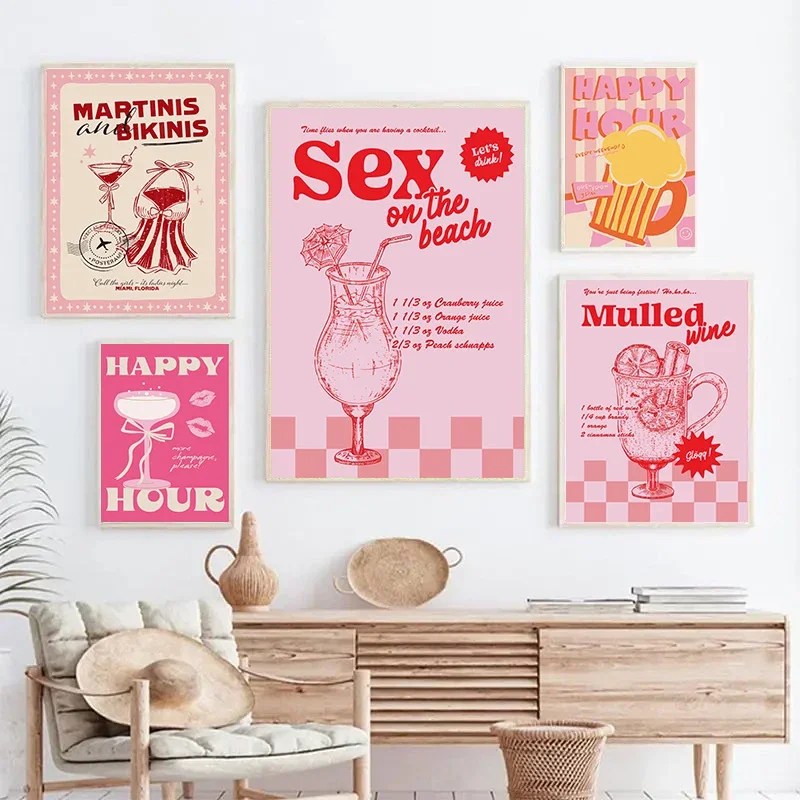 1PC frameless decorative art print,Retro Cocktail Mojito Wine Club Canvas Print Minimalist Bar Drink Food Wall Art Nordic Poster