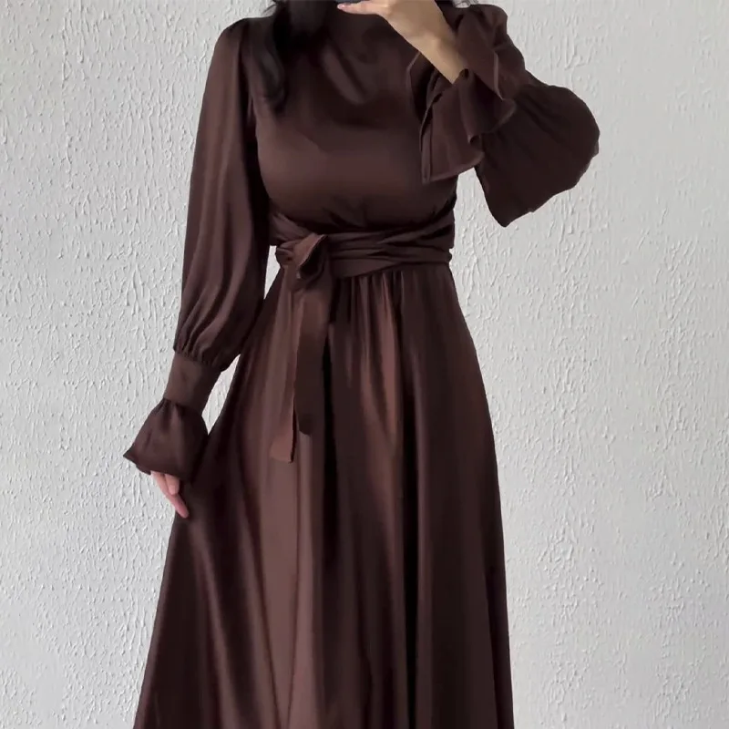 Lotus Sleeve Dress for Women Casual Slim-fit Dress with Belted Waist Abaya Dubai Luxury Turkey Islam Muslim Dress Women Kaftan