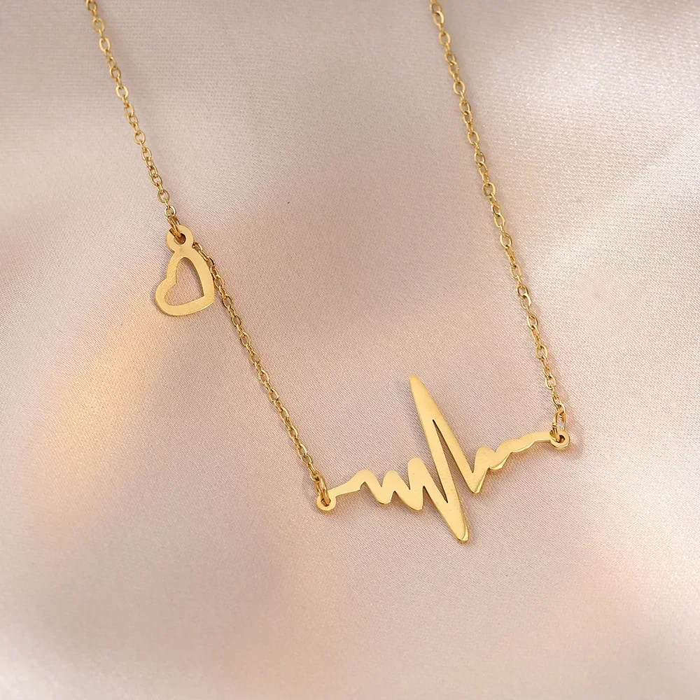 Romantic Heart Beat Love Pendant Electrocardiogram Fashion Stainless Steel Necklace Collarbone Chain Jewelry for Valentine\'s Day