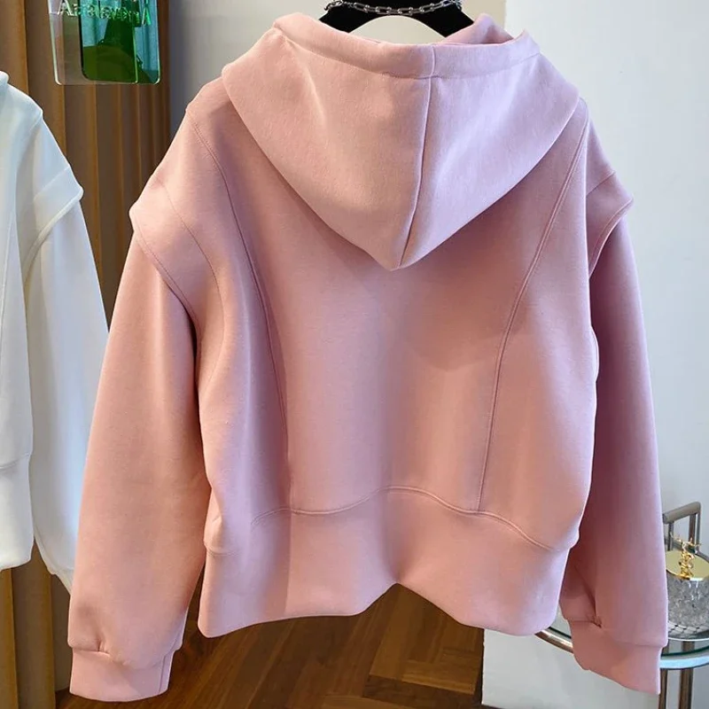 Autumn New Minimalist Double Zippered Hoodie for Women Instagram Short Splicing Design Solid Color Jacket for Girls Clothing Top