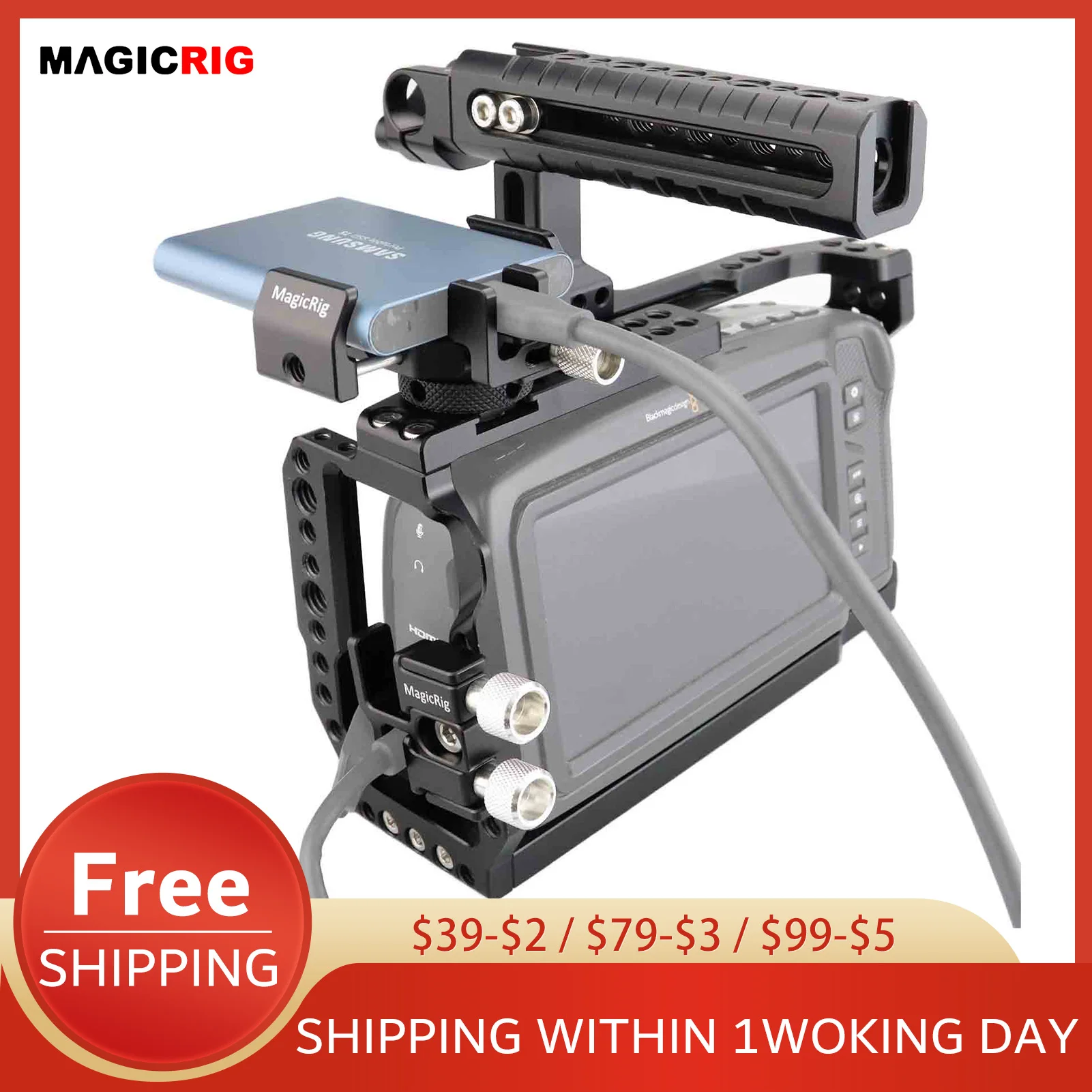 MAGICRIG Full Cage Kit for Blackmagic Pocket Cinema Camera 4K&6K, W/NATO Top Handle T5/T7 SSD Mount Clamp HDMI/USB-C Cable Clamp