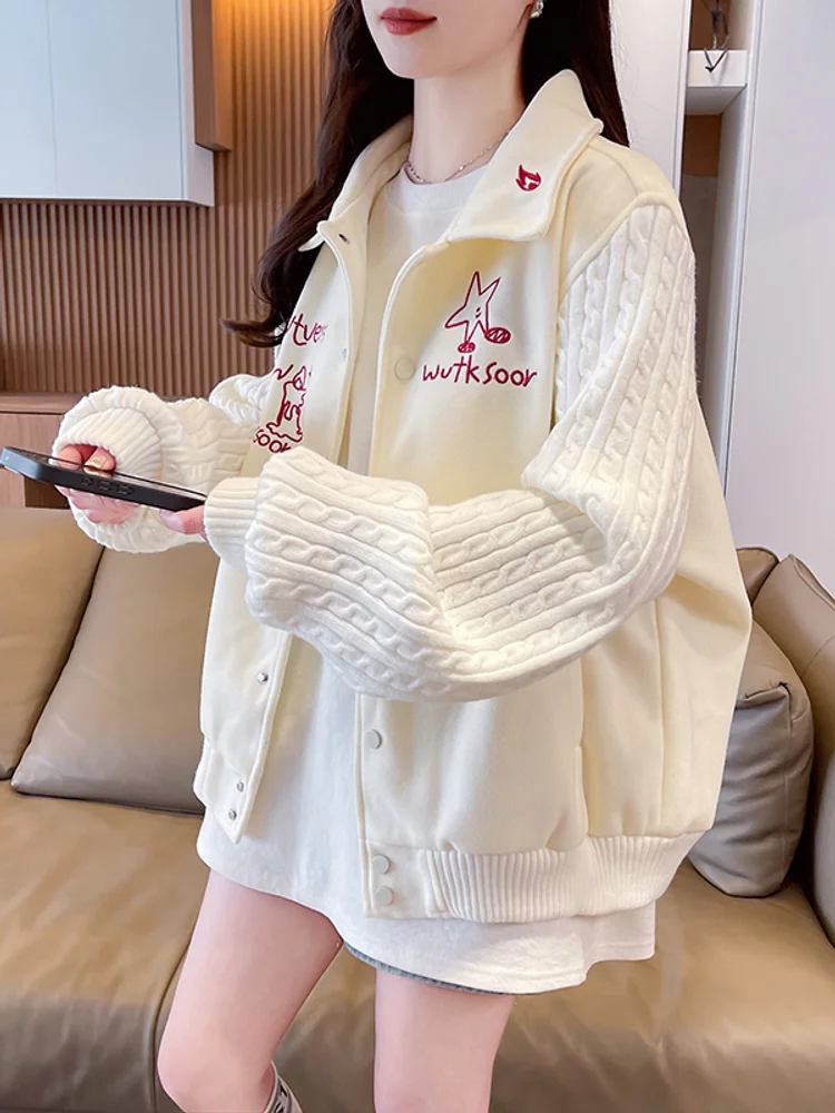 American Retro Baseball Uniform Solid Color Gentle Knitted Spliced Embroidered Stars Candles Letters Soft Fashion Lapel Jacket