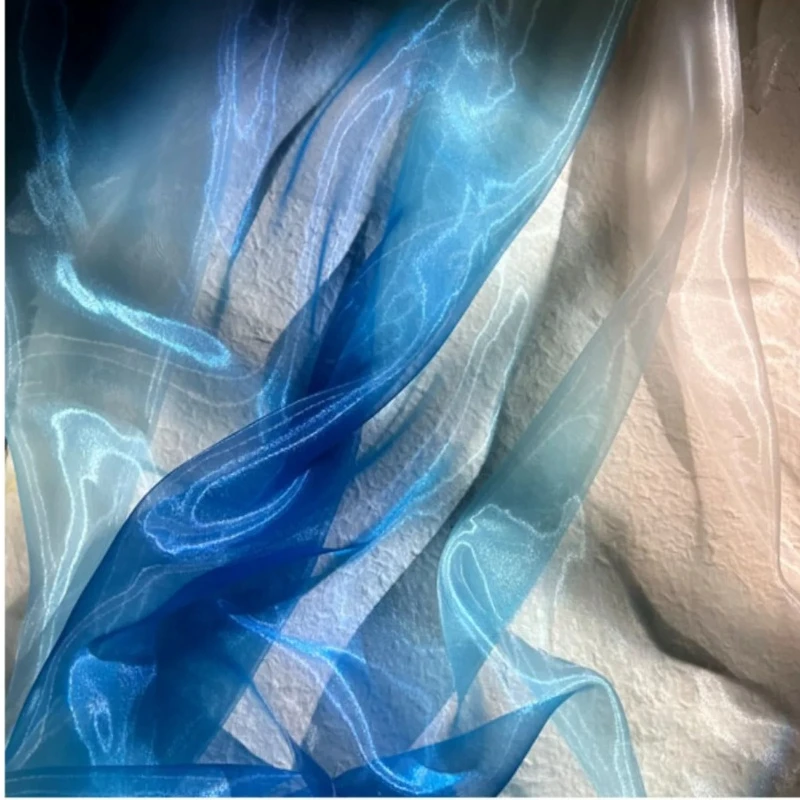 Blue Bilateral Gradient Liquid Pearlescent Organza Fabric Perspective Hanfu Large Sleeved Shirt Designer Sewing Material Cloth view 5
