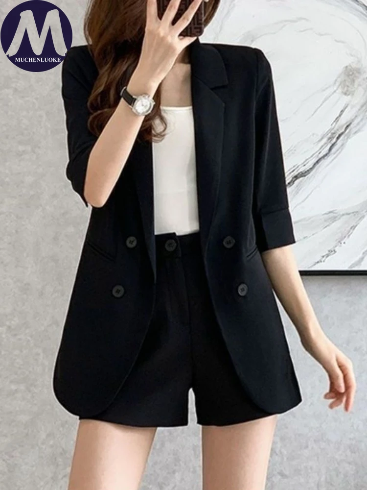 Blazers for Woman Summer Autumn Elegant Half Sleeve Double-breasted Office Blazers Coats Fashionable Casual Loose Women's Coat