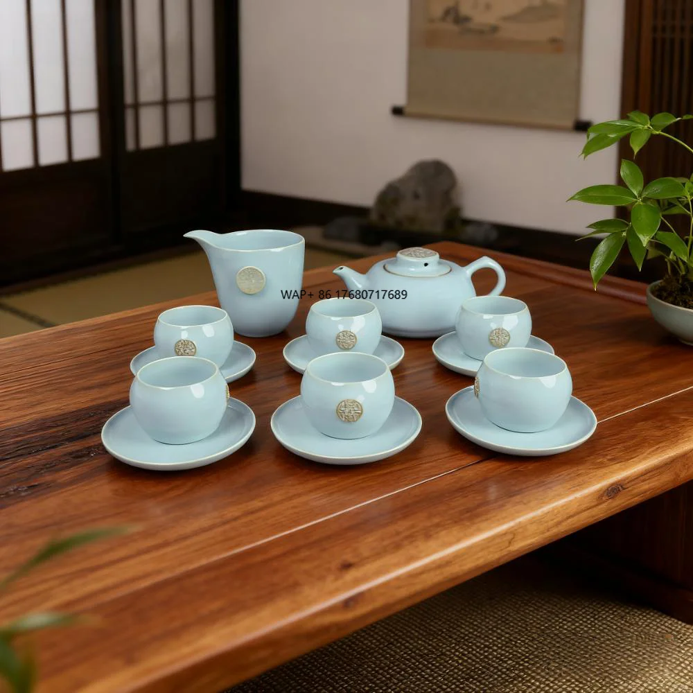 Hot sale Chinese Ru Kiln Celadon Tea Set - Shouxi Teapot with Fair Cup, 6 Tea Cups & Saucers, Double Happiness for Wedding Gift
