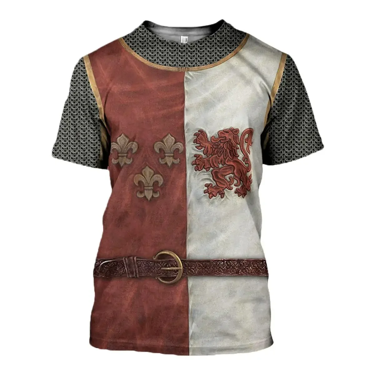 European Medieval Knight Style Summer Print Fashion New Men\'s Street Culture Casual Slim Retro 0 Collar Short Sleeve T-shirt Top