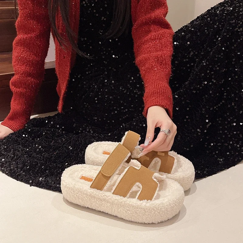 Thick Plush Slippers for Womens Outerwear 2024Autumn and Winter New Korean Style Fairy Style Plush Cotton Slippers