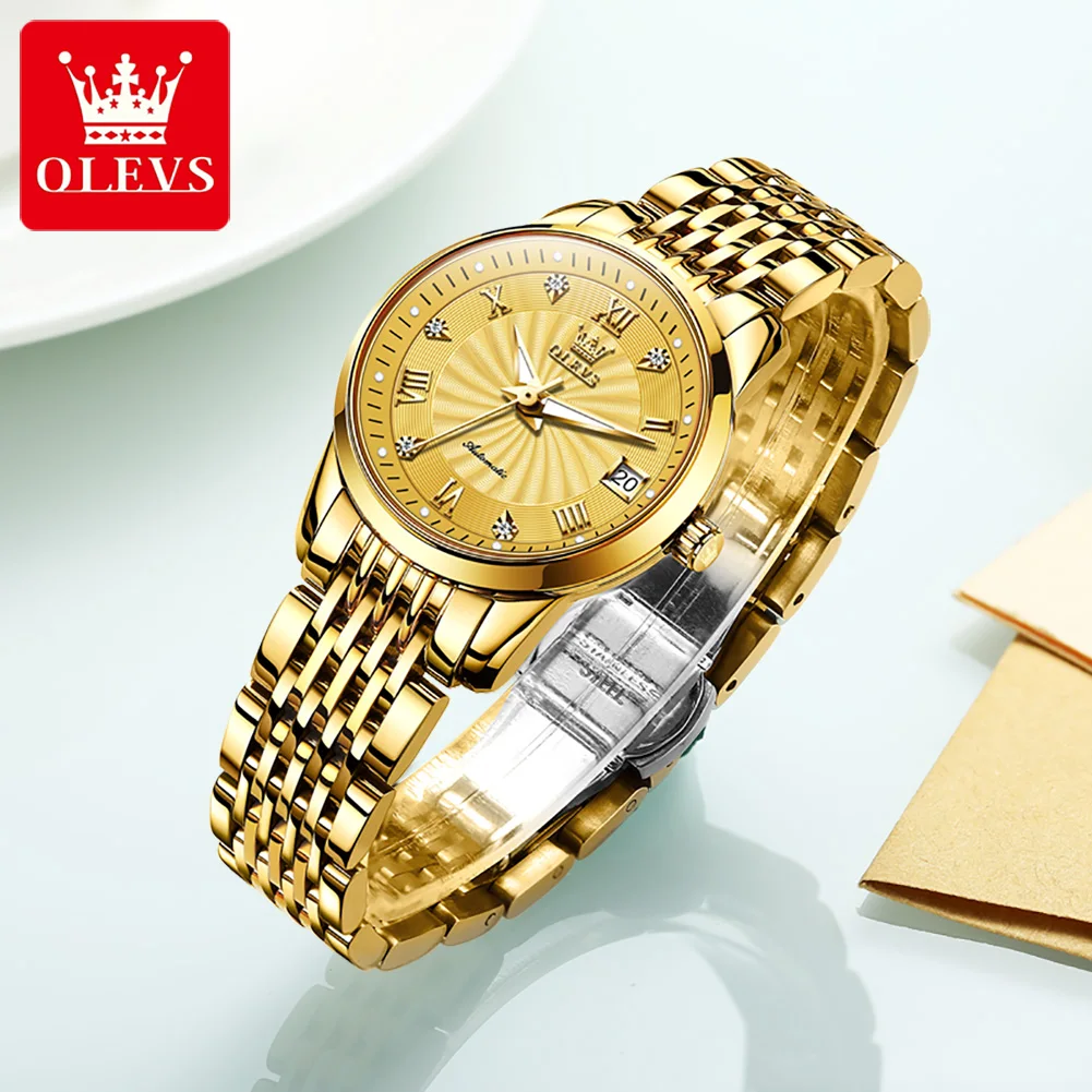 OLEVS-Montre-bracelet en or pour homme, montres pour femme, marque supérieure, montre-bracelet mécanique automatique de luxe, horloge habillée à la mode pour les amoureux