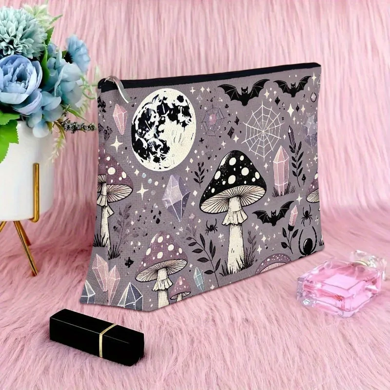 A Mystery mushroom and bat patterned makeup bag - cute multifunctional zipper pouch for women, jewelry storage bag view 4