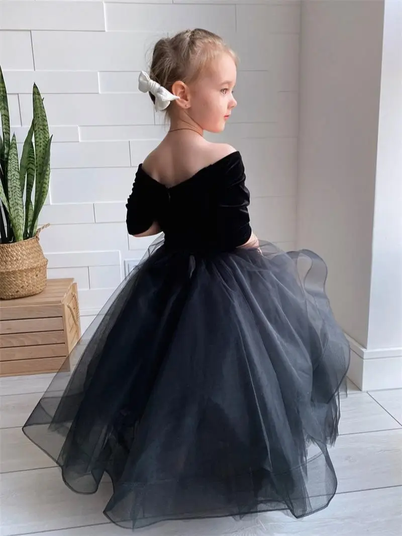 Schwarz Tutu Blume Mädchen Kleider Flanell EINE Linie Organza Bodenlangen Boho Halbarm Erste Kommunikation Kleid