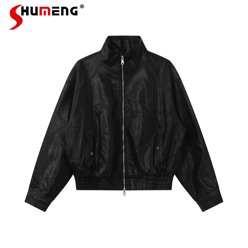 

2026 Men's New Spring Stylish Stand Collar PU Leather Coats Loose Comfort Versatile Motorcycle Tops Zipper Long Sleeve Jackets