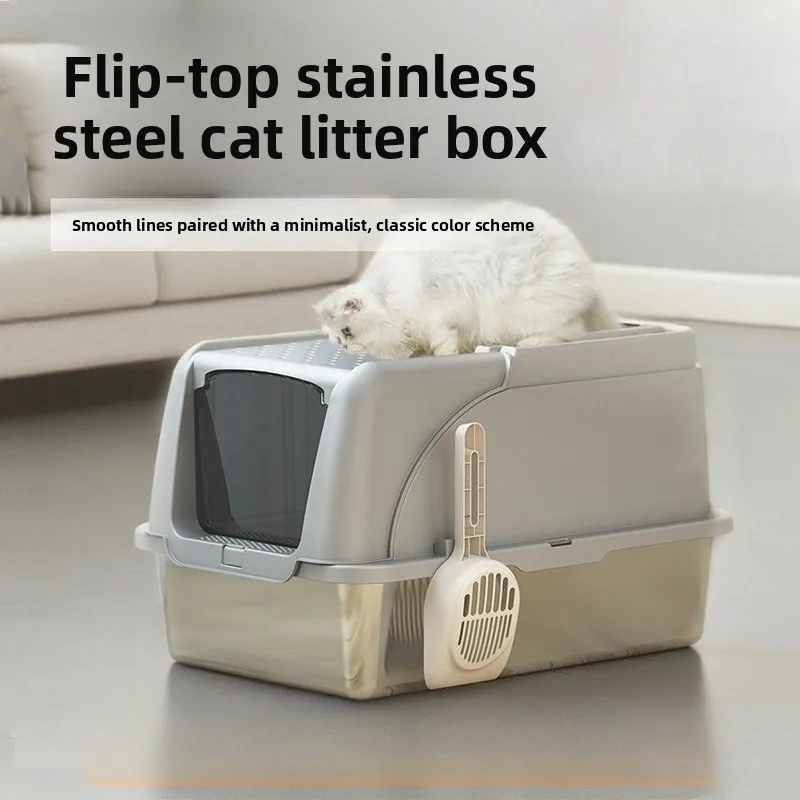 

Stainless Steel Closed Cat Litter Box XXL Anti Splash Odor Control Flip Top Self Cleaning Automatic Cat Toilet Cat Litter Tray