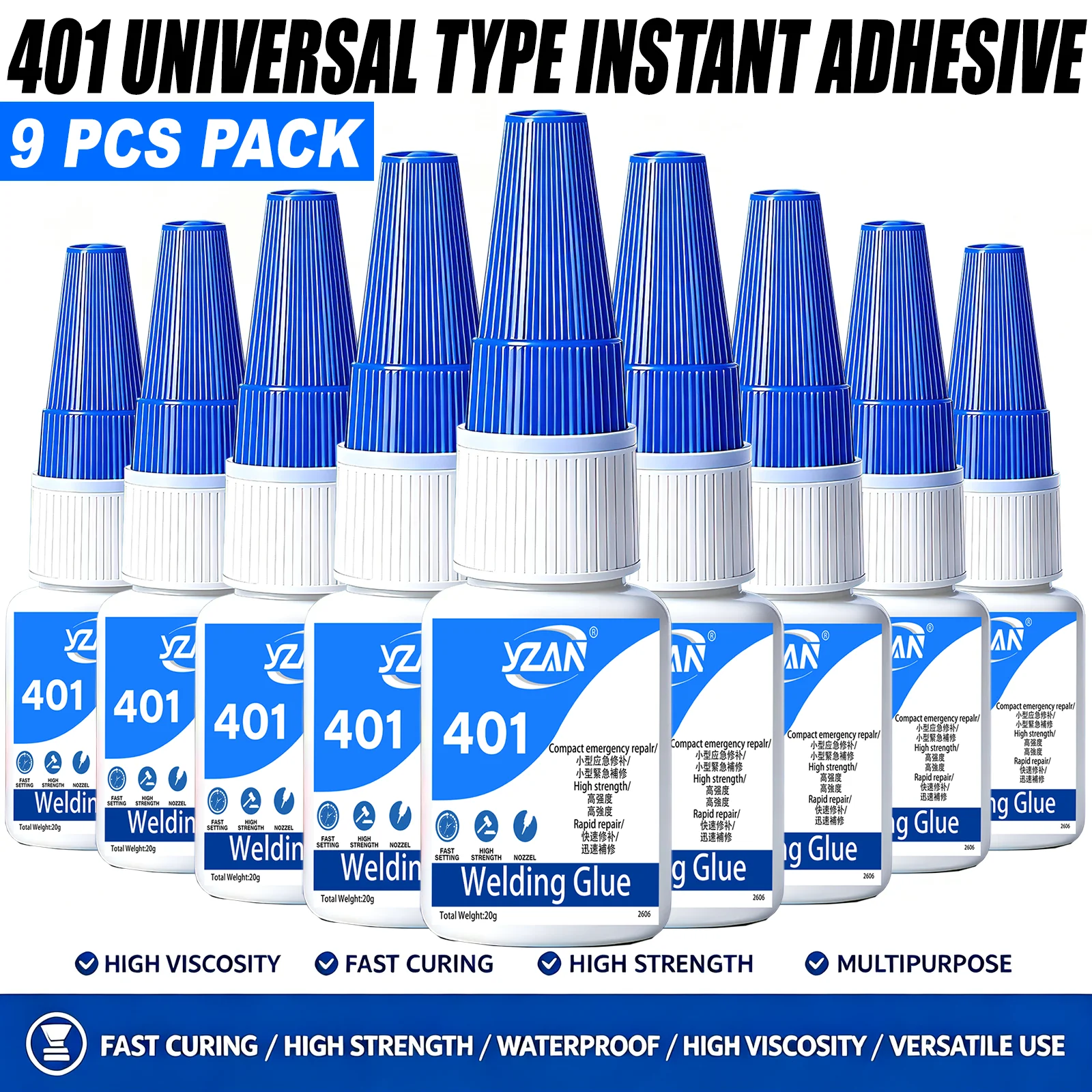 YZAN 401 Instant Adhesive Super Glue 9Pcs 20g Fast Curing High Strength Waterproof Multipurpose for Metal Wood Plastic Repair