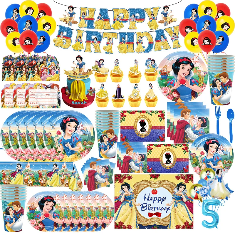 TAKARA TOMY Geburtstag Schneewittchen Dekoration Partyzubehör Set Ballon Teller Tasse Serviette Banner Kuchen Topper Schneewittchen Geburtstag Baby Dekoration