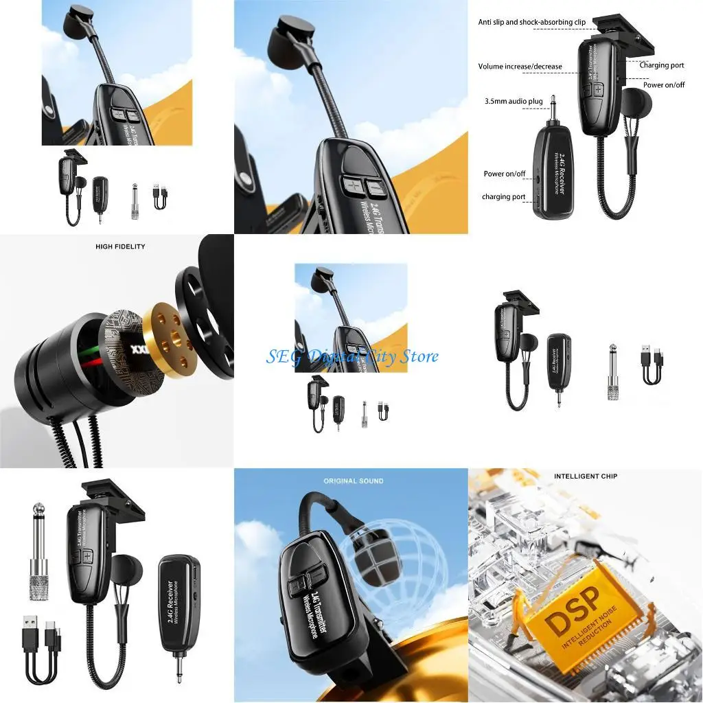 

U75B 2.4G Wireless Saxophone Microphones Clip on Trumpets Trombones French Horn for Stage Performances Musicians Teaching