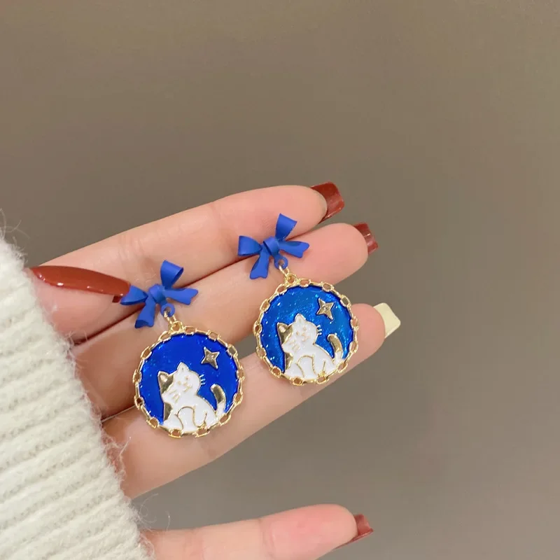 Japanese Aesthetic Bow Round Kitten Earrings Fashion Cute Cartoon Blue Planet Star Cat Earrings for Women Party Gift Jewelry