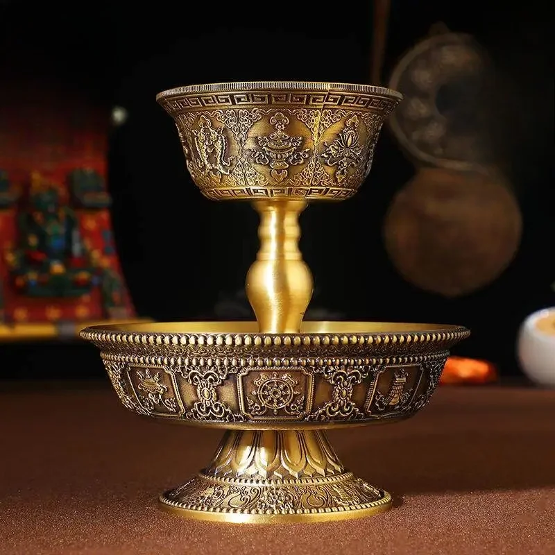 Tibetan Brass Offering Cup, 8 Auspicious Symbols Buddhist Ritual Bowl, Handcrafted Altar Water Vessel for Buddha, Puja Supplies