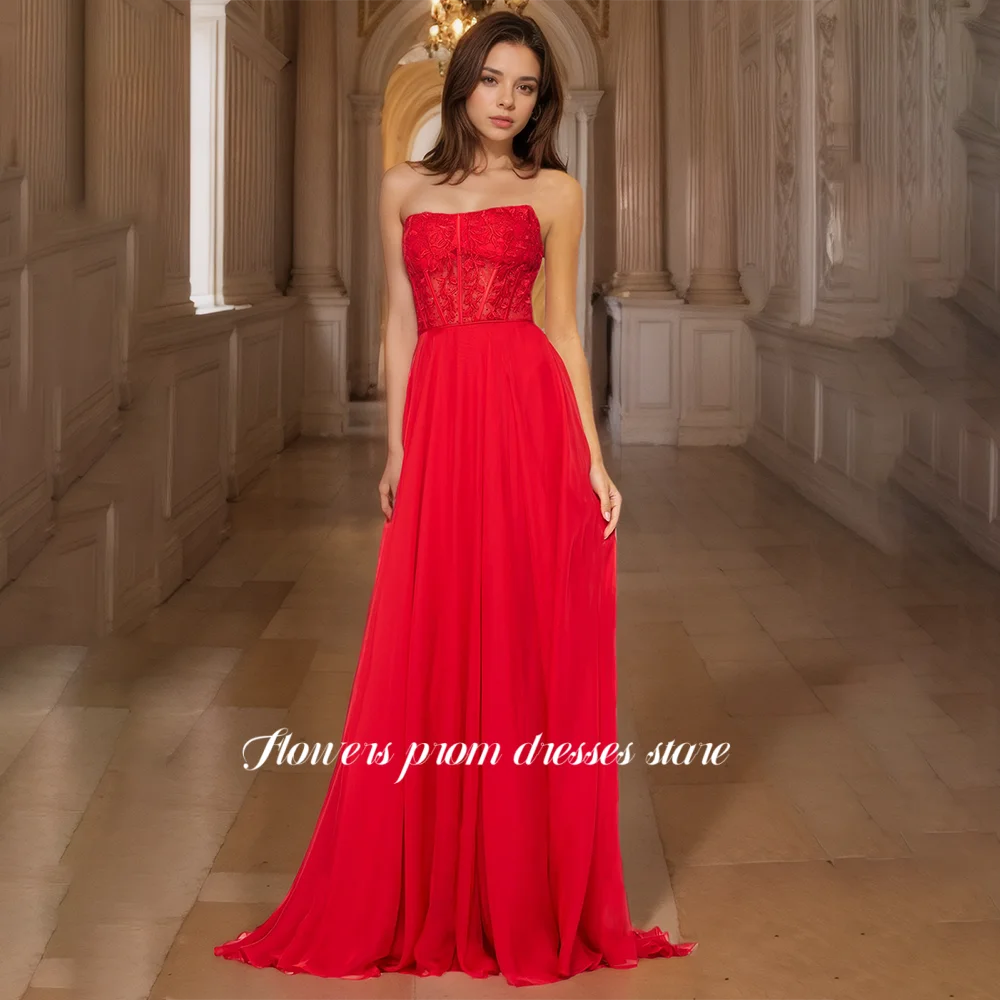 

Flowers Prom Lace Applique Strapless Party Dress Chiffon Evening Dresses A Line Prom Dresses for Women Customized