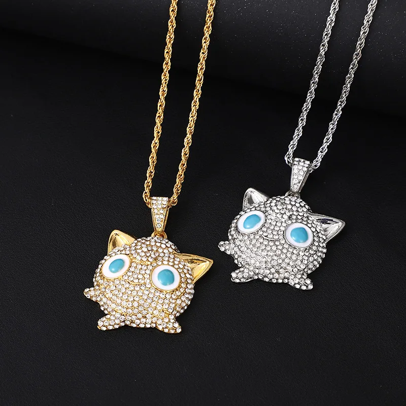 Pokemon Anime Necklace Hip Hop Iced Out Bling Pendant Jigglypuff Sliver Gold Crystal Cuban Chains For Men Icy Jewelry