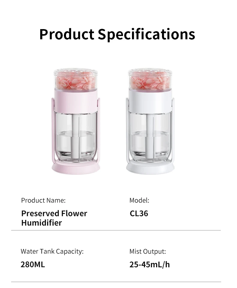 Luftbefeuchter mit konservierten Blumen, drehbarer Ständer, USB-C-Anschluss, RGB-Umgebungslicht, 2 Sprühmodi, leiser Luftbefeuchter, Geschenk für Auto und Zuhause. – Detail 16