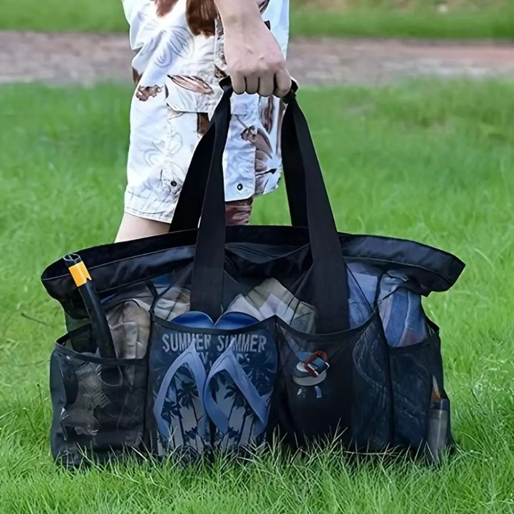 Borsa da spiaggia in rete di grande capacità Borsa da viaggio leggera con coulisse con manico Borsa da bagno portatile ad asciugatura rapida
