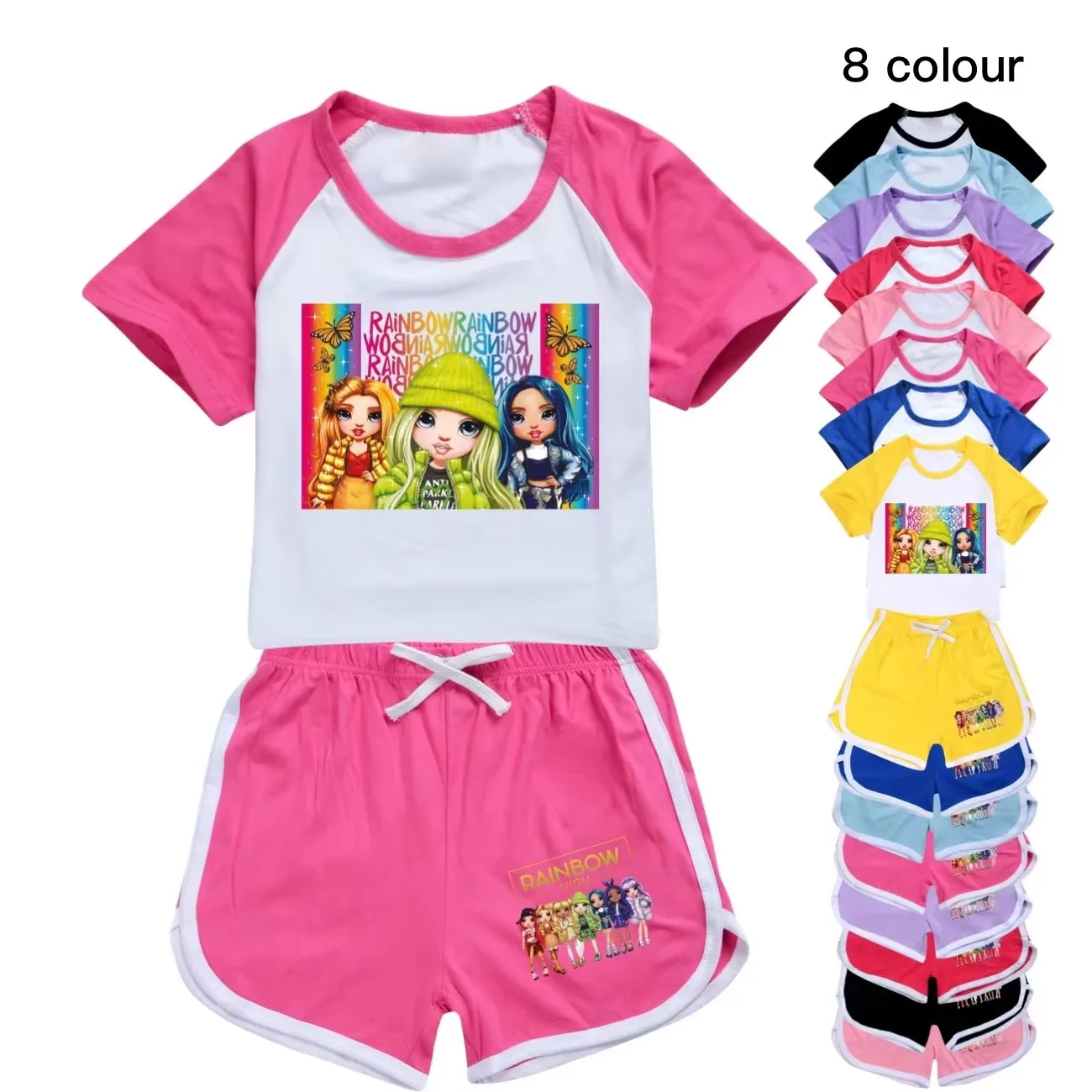 Fantasy Friends Rainbow High Costume para crianças, roupas de verão para meninas, t-shirt e shorts de manga curta, conjuntos 2pcs