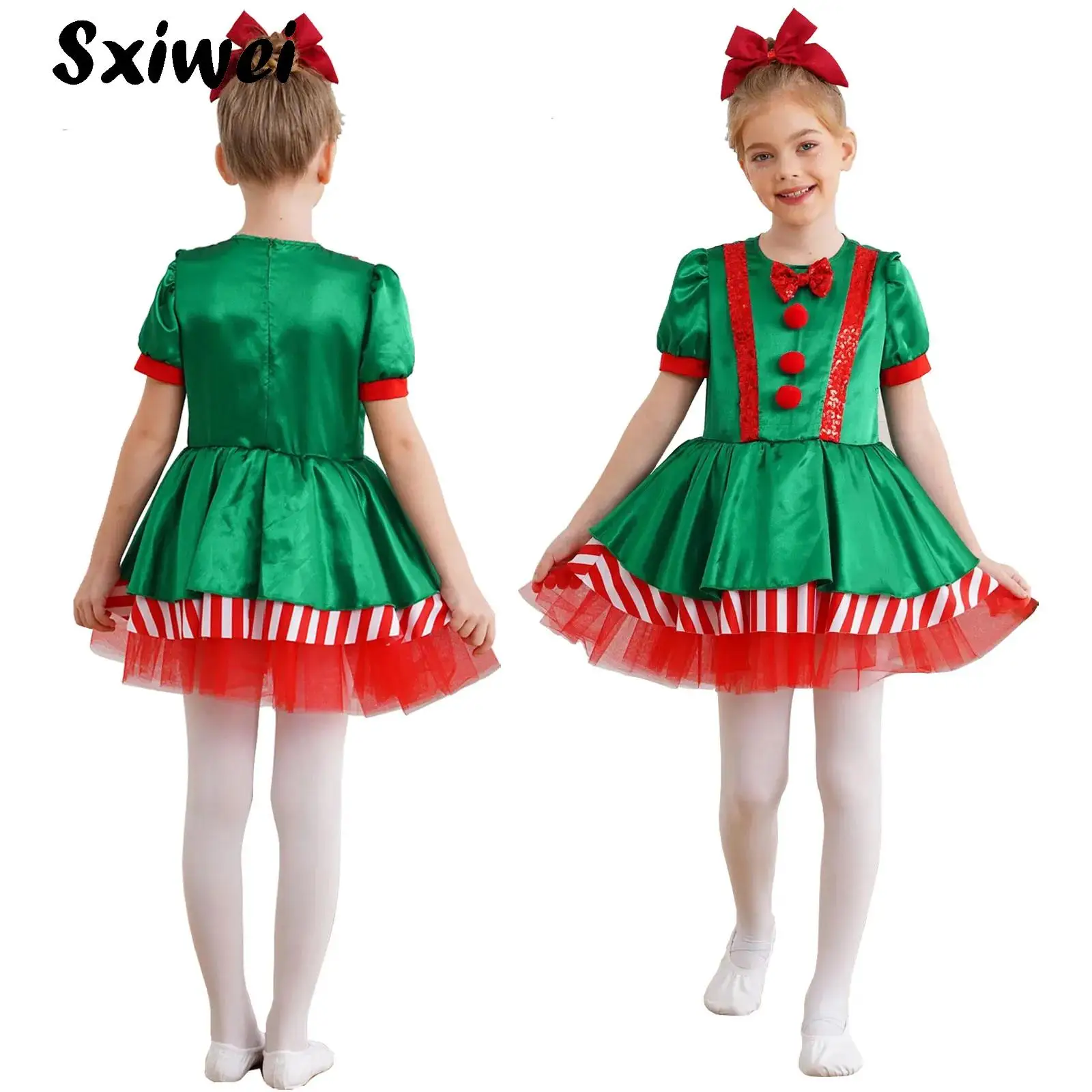 

Kids Girls Christmas Ballet Dance Tutu Dress Green Satin Candy Can Mesh Tutu Elf Costume New Year Party Leotard Dancewear