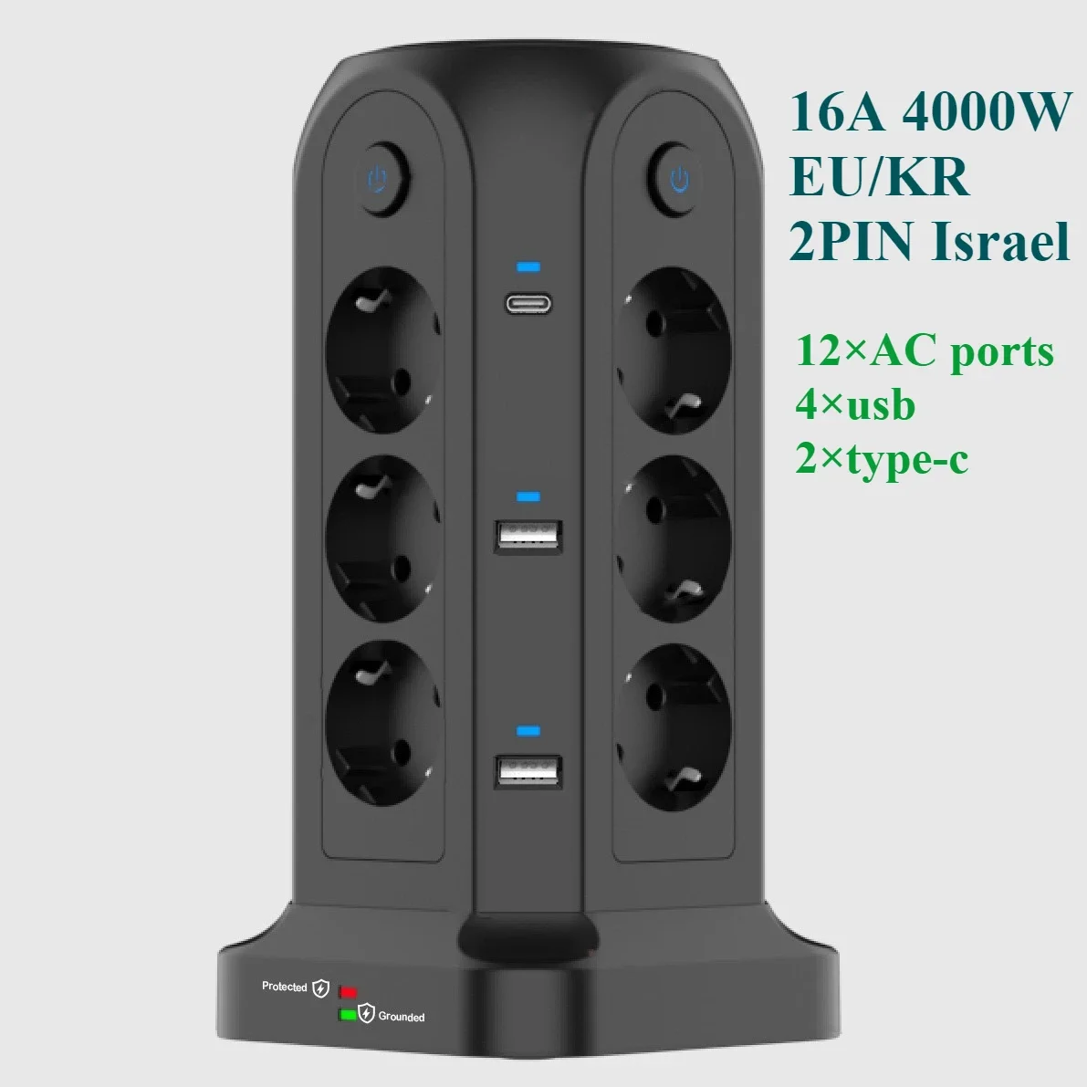 16A EU KR Tower Socket with 3 Layers AC110~250V 4000W USB TYPE-C 5v 4.8A Extended Table Desktop USB Sockets Surge Protection