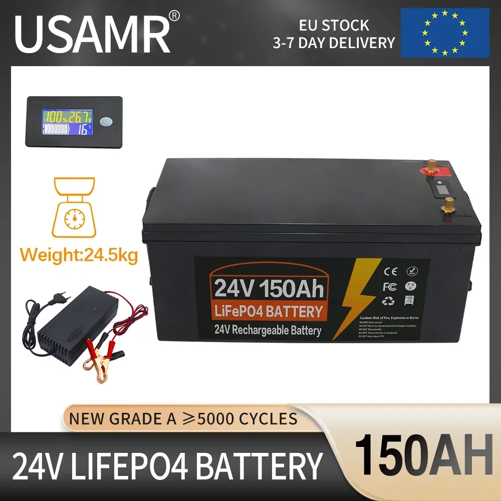 

24V LiFePO4 Battery 150Ah Built-in BMS Lithium Iron Phosphate Cells Pack 5000 Cycles For Outdoor Camping Golf Cart Solar Storage