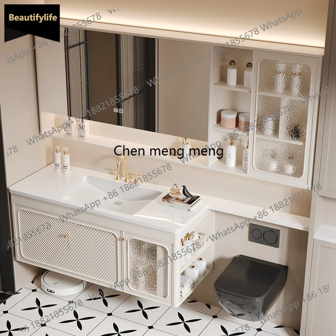 

C139 Rubber Wood French Bathroom Cabinet DuPont Corian Integrated Basin Toilet Extended Side Side Cabinet