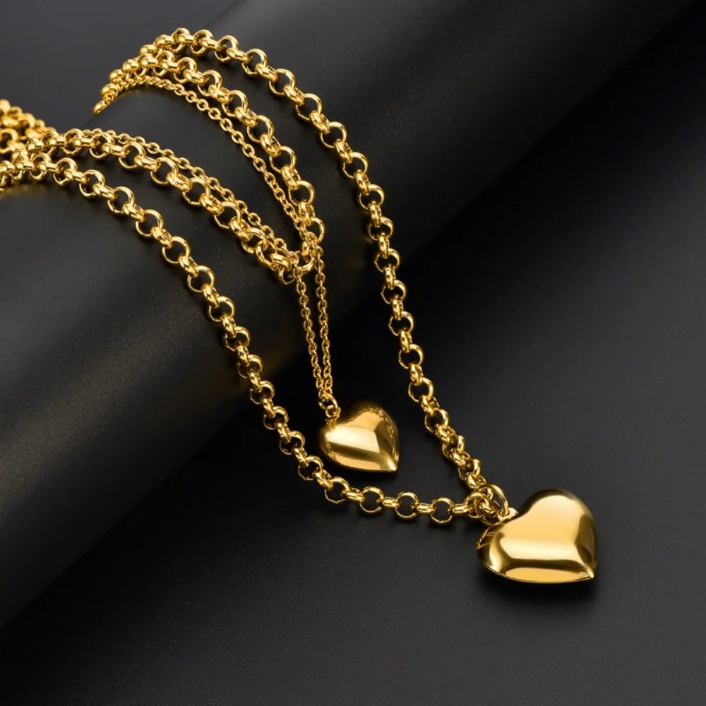 

Vintage Gold Plated O Chain Layered Heart Necklace Women CHOKER 316L Stainless Steel Link Chain Triple Layer Necklace for Girls