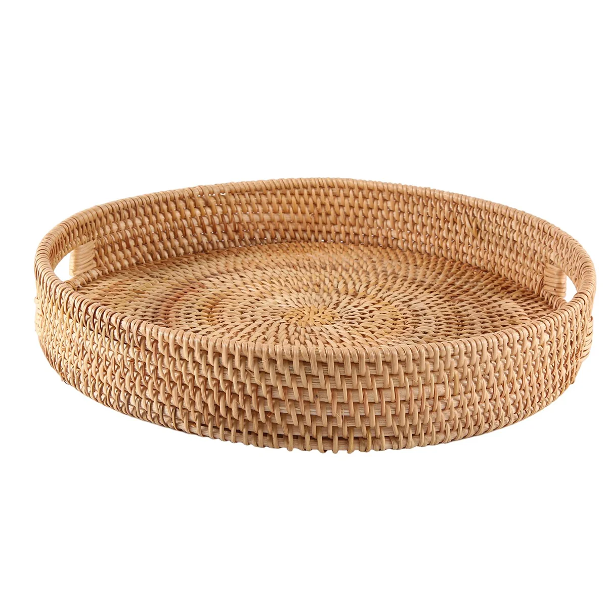 Round Rattan Serving Tray Decorative Woven Ottoman Trays with Handles for Coffee Table Natural(Large)