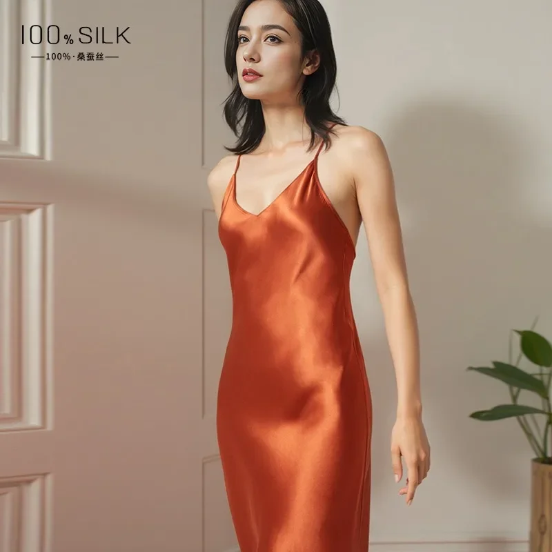 Summer New Women's 100% Mulberry Silk Satin Nightdress Heavy 19mm Silk Long Halter Suspender Skirt