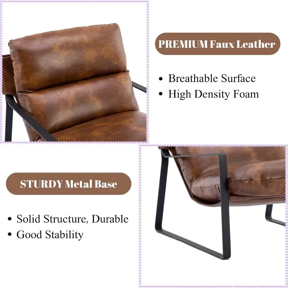 Modern PU Leather Accent Armchairs Set of 2, Upholstered Living Room Chairs with Metal Base for Bedroom,Brown,Living Room Chairs