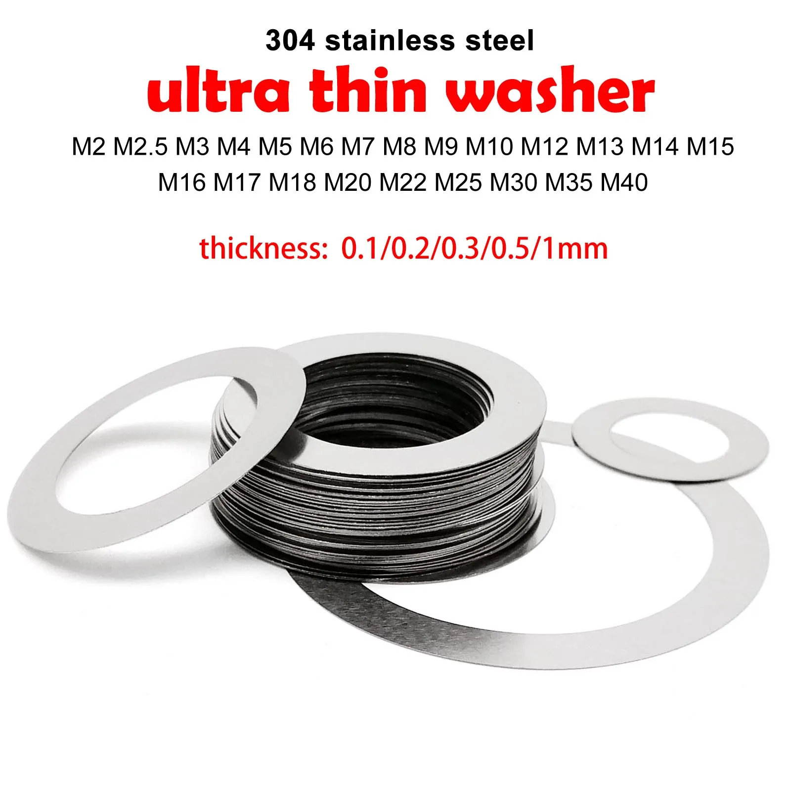 0.1/0.2/0.3/0.5/1mm M2 M2.5 M3 M4 M5 M6 M8 M10 M12 toM40 304 In Acciaio Inox Ultra Sottile Rondella Piatta Regolare Guarnizione Spessore di Precisione
