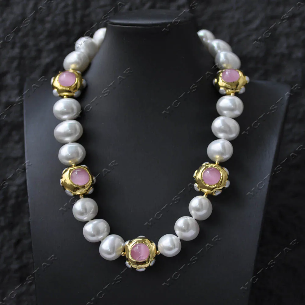 MCT·STAR18" 24mm Round Pink Cat's eye Gemstone White Egg South Sea Shell Pearl Necklace (Z14655)