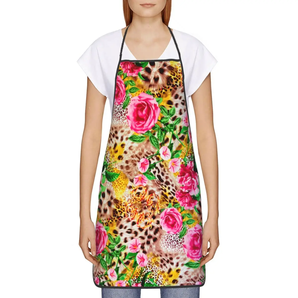 Custom Bib Flowers With Leopard Print Aprons Men Women Unisex Adult Chef Cooking Kitchen Tablier Cuisine Painting