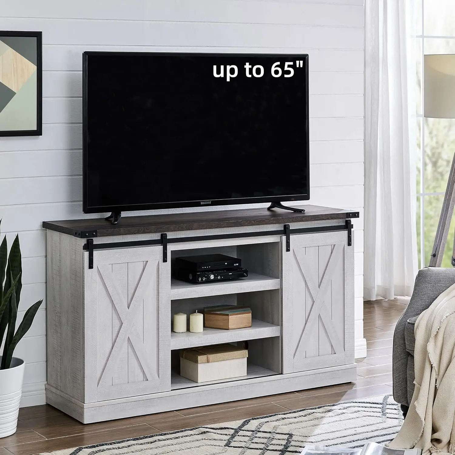 

Farmhouse TV Stand for 65 Inch TV, Wood Stand w/Sliding Barn Door, Entertainment Center w/Storage Cabinet, Rustic Media Console