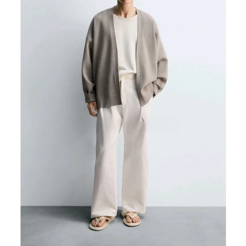 

New Autumn Men's Loose Fit Open Cardigan Outerwear Polyester Fiber Long Sve Breathable Comfortable Knitted Sweater Coat