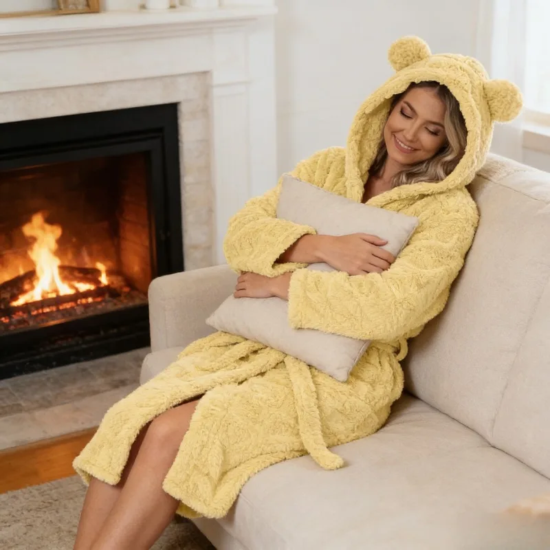 

Cute Tie Belt Home Loungewear Sleepwear Women‘s Winter Robe Flannel Heart Print Hooded Bathrobe Sweet